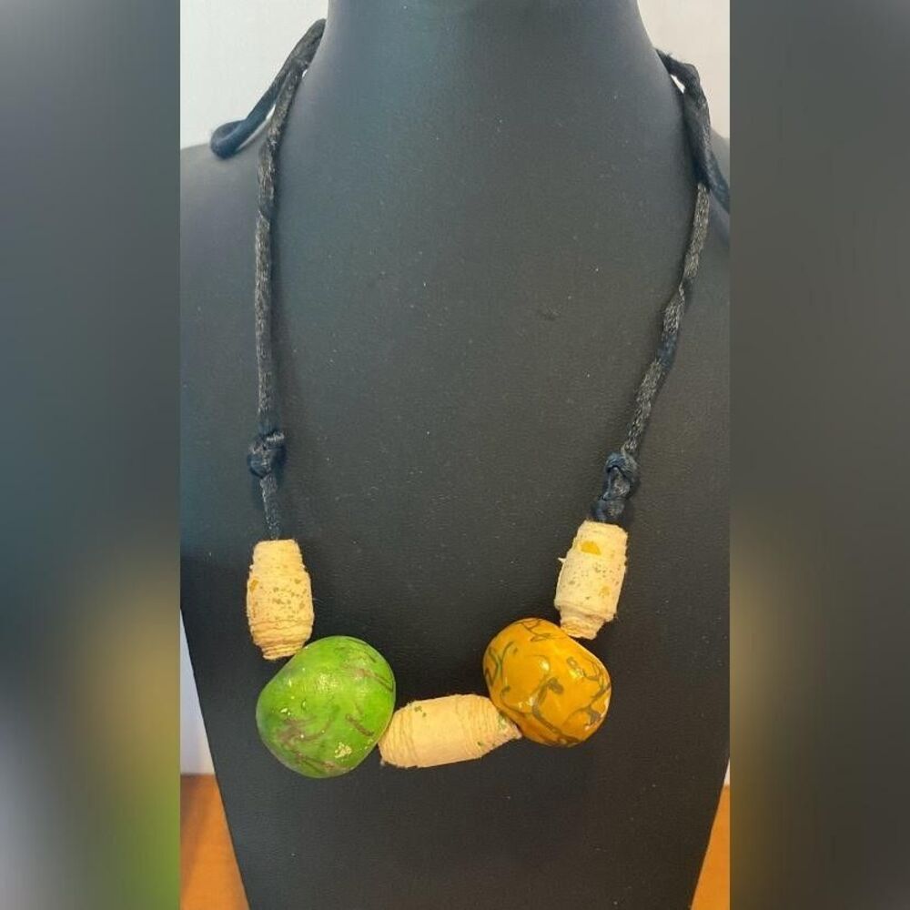Multicolor Clay Beaded Statement Necklace Black Cord Adjustable Women’s Hippie